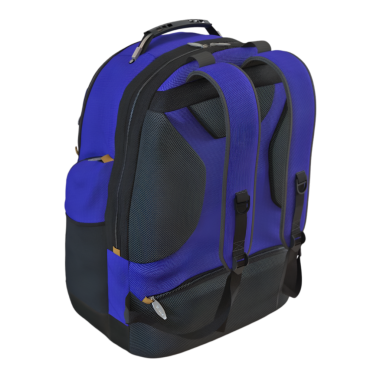 Profesyoneller için tasarlanmış mavi ve siyah bir dizüstü bilgisayar çantası, yastıklı kayışlar ve düzenleme aletleri ve belgeler için birden fazla kompartıman. İş ve seyahat için ideal