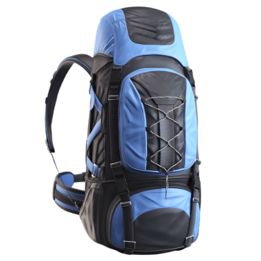 Modern tasarıma sahip parlak mavi ve siyah yürüyüş çantası, birden fazla cebi ve uygun konfor ve depolama kapasitesi için ayarlanabilir kayışları var