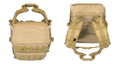 Açık hava aktiviteleri için tasarlanmış Molle ağlı bronz bir askeri taktik sırt çantası. Ek teçhizat ve malzemeler için geniş depolama ve eklenti seçenekleri sağlarName