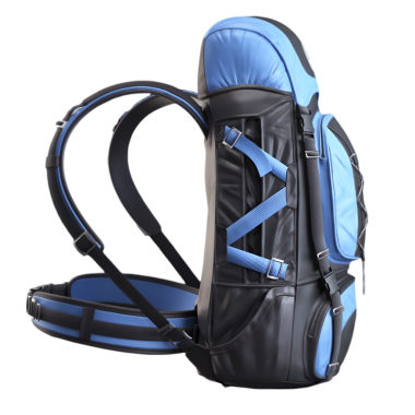 Ayarlanabilir kayışlara ve ideal konfor ve depolama kapasitesi için çoklu ceplere sahip parlak mavi ve siyah bir yürüyüş çantasının yan görünümü