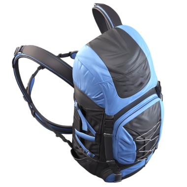 Pürüzsüz mavi ve siyah bir sırt çantasının üst görüntüsü geniş bölmeleri ve ideal depolama kapasitesi için modern tasarımı vurguluyor