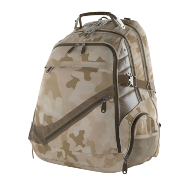 Açık hava kullanımı ve seyahat için tasarlanmış kamuflaj desenli bir sırt çantası..