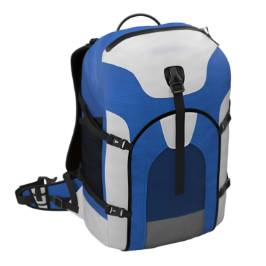 Açık hava aktiviteleri ve seyahat için tasarlanmış mavi ve beyaz bir sırt çantası..