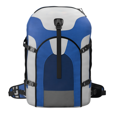 Açık hava aktiviteleri veya seyahat için tasarlanmış mavi ve beyaz bir sırt çantası..