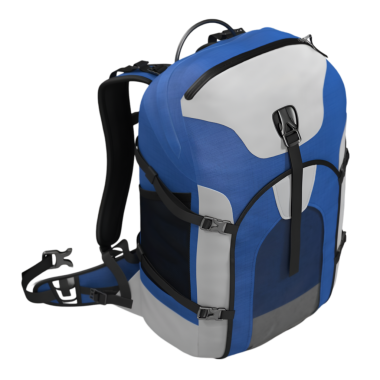 Açık hava aktiviteleri için tasarlanmış, birden fazla kayış ve kompartıman içeren mavi ve beyaz bir sırt çantası..