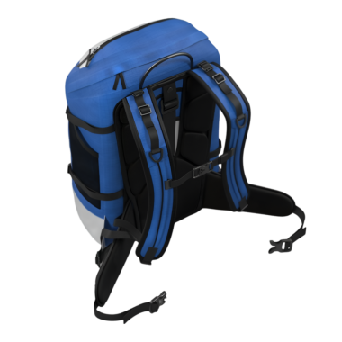 Açık hava aktiviteleri için tasarlanmış mavi bir sırt çantası, ayarlanabilir kayışlar ve parlak bir tasarım..