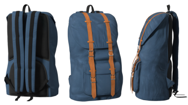 Farklı açılardan gösterilen mavi sırt çantaları, tasarım ve işlevselliği gösterir.