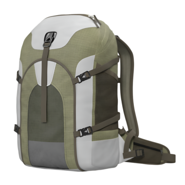 Açık hava aktiviteleri için tasarlanmış, renklerin ve işlevsel kayışların karışımından oluşan modern bir sırt çantası..