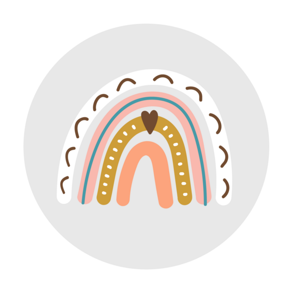 Yumuşak pastel renkleri ve dekoratif unsurları olan renkli bir gökkuşağının stilize bir çizimi..