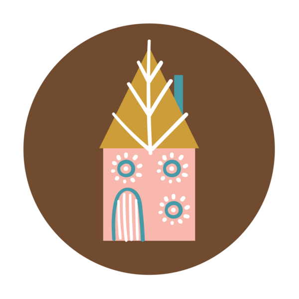 Altın çatılı ve dekoratif unsurları olan pembe bir evin tuhaf bir çizimi..