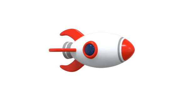 Kırmızı yüzgeçli ve mavi pencereli beyaz bir gövdeye sahip üç boyutlu bir roket fırlatılıyor gibi görünüyor. Bu oyuncu ve yaratıcı tasarım çocuk oyuncakları ve uzay temalı projeler için mükemmeldir..