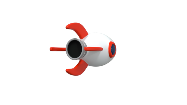 Uzaya fırlatılacak gibi görünen 3 boyutlu bir roket oyuncağı, kırmızı yüzgeçli ve mavi pencereli beyaz bir gövdeye sahip. Bu oyuncu ve yaratıcı tasarım çocuk oyuncakları ve uzay temalı projeler için mükemmeldir..