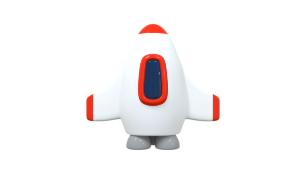 Kırmızı yüzgeçli ve mavi pencereli beyaz bir gövdeye sahip, yandan görülen üç boyutlu bir roket oyuncağı. Bu büyüleyici ve renkli tasarım çocuk oyuncakları, uzay temaları ve eğitim projeleri için idealdir..