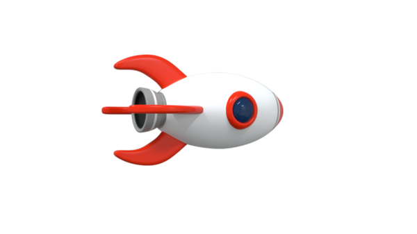 Uçuşun ortasında üç boyutlu bir oyuncak, beyaz gövdeli, kırmızı yüzgeçli ve mavi pencereli. Bu dinamik ve renkli tasarım çocuk oyuncakları, uzay temaları ve eğitim içeriği için idealdir..