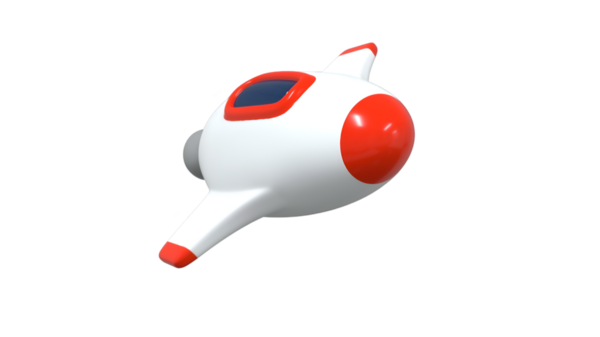 Arkadan görülen 3 boyutlu bir roket oyuncağı beyaz gövdesi, kırmızı yüzgeçleri ve mavi penceresiyle sergileniyor. Bu eğlenceli ve renkli tasarım çocuk oyuncakları, uzay temaları ve eğitim projeleri için mükemmeldir..