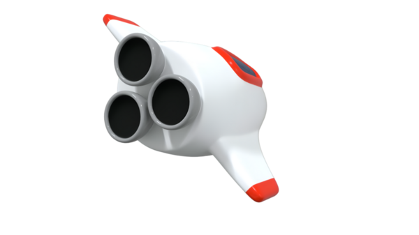 Beyaz gövdeli ve turuncu aksanlı 3 boyutlu bir roket oyuncağı, önden görülüyor. Oyuncu ve yaratıcı tasarım çocuk oyuncakları ve uzay temalı eğitim içeriği için harikadır..