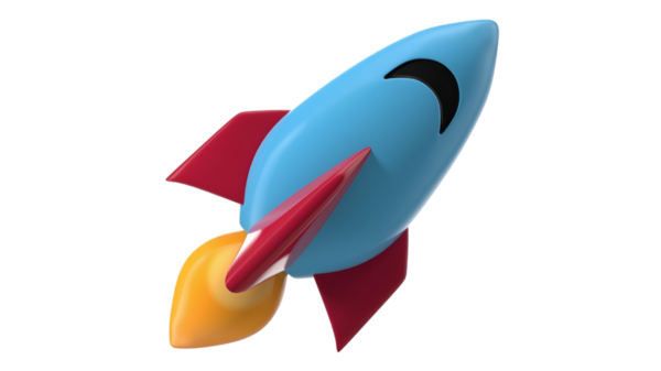 Kırmızı yüzgeçleri ve sarı alevi olan üç boyutlu mavi bir roket oyuncağı. Bakış açısıyla bakıldığında öyle. Çocuk oyuncakları, uzay temalı projeler ve eğitim içeriği için ideal.