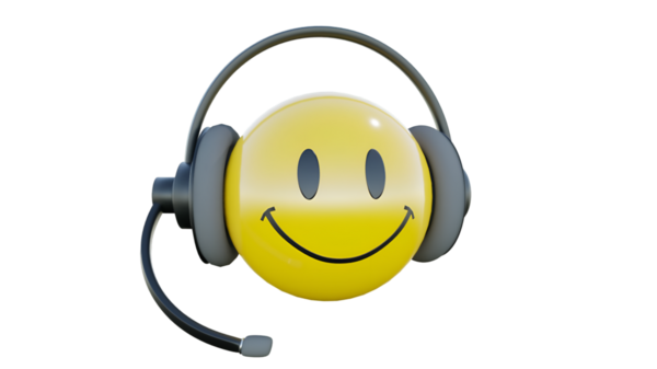 Kulaklık takan parlak sarı bir gülen surat, iletişimi, müşteri hizmetlerini ve desteği simgeliyor. Neşeli ifade pozitifliği ve dostluğu ifade eder, yardım ve etkileşimi göstermek için mükemmeldir..