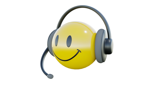 Kulaklık takan parlak sarı bir gülen surat, iletişimi, müşteri hizmetlerini ve desteği simgeliyor. Neşeli ifade pozitifliği ve dostluğu ifade eder, yardım ve etkileşimi göstermek için mükemmeldir..