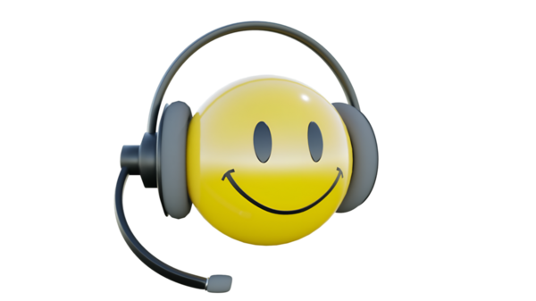 Kulaklık takan neşeli bir 3D emoji, müziği, iletişimi ve müşteri hizmetlerini sembolize ediyor. Sarı gülen surat arkadaşlığı ve pozitifliği ifade eder. Destek ve zevki göstermek için mükemmeldir..