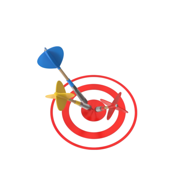 Kırmızı hedefin merkezine isabet eden kırmızı mavi ve sarı üç renkli dart takım çalışmasının başarısını ve hedeflerine ulaşmasını gösteriyor. İşbirliği ve hassasiyet temaları için ideal.