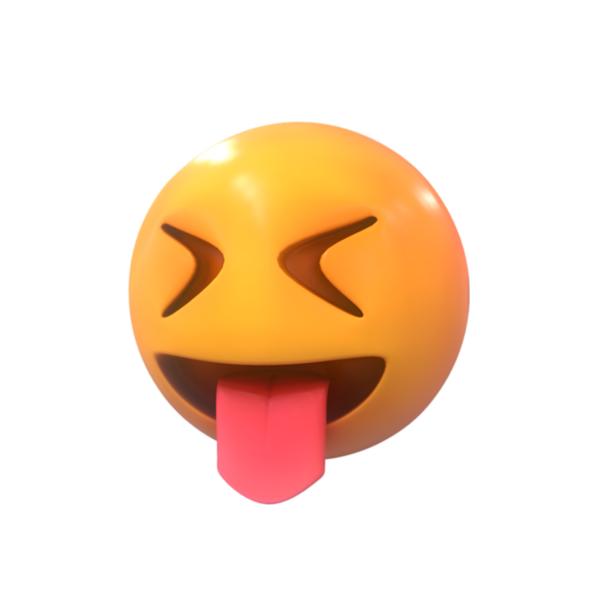 Üç boyutlu bir emoji, neşeli bir ifade, dili dışarı çıkmış ve gözleri kapalı. Sarı yüz, neşeli ve muziplik hissi veriyor. Neşeli ve mizahi duyguları göstermek için mükemmel..