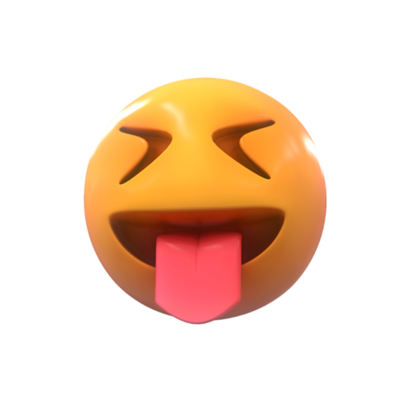 Üç boyutlu bir emoji, neşeli bir ifade, dili dışarı çıkmış ve gözleri kapalı. Sarı yüz, neşeli ve muziplik hissi veriyor. Neşeli ve mizahi duyguları göstermek için mükemmel..