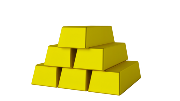 Piramit şeklinde dizilmiş sarı altın külçelerin yan görüntüsü. Bu illüstrasyon, dijital ortamda zenginlik, lüks ve mali güvenlik temalarının iletilmesi için idealdir..