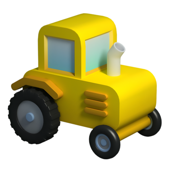 Arkadan çekilen üç boyutlu sarı oyuncak traktörü, geniş arka tekerleklerini ve çocukların yaratıcı çiftlik oyunları ve eğitimi için uygun sağlam tasarımını sergiliyor..