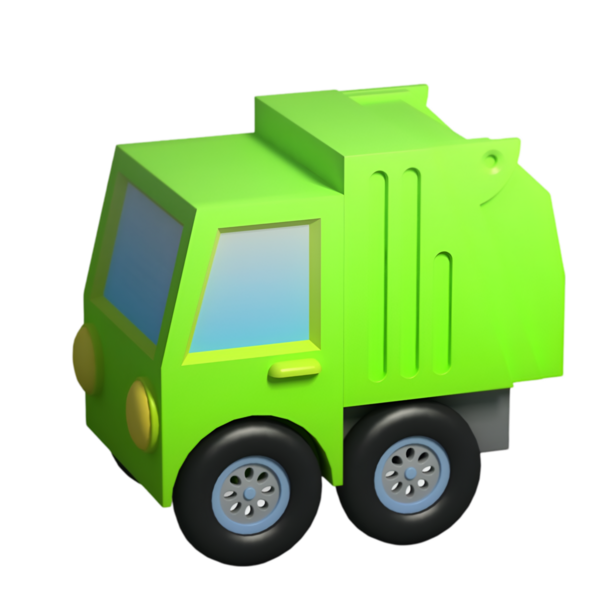 Büyük tekerlekleri ve kompakt yapısı olan, çocukların yaratıcı oyunları ve eğitimsel aktiviteleri için ideal olan 3 boyutlu yeşil oyuncak çöp kamyonu..