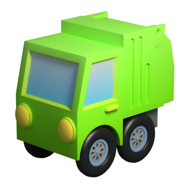 Yandan görülen 3 boyutlu yeşil oyuncak çöp kamyonu, kompakt tasarım ve büyük tekerlekler, çocuk araç temalı oyun ve öğrenme için mükemmel..