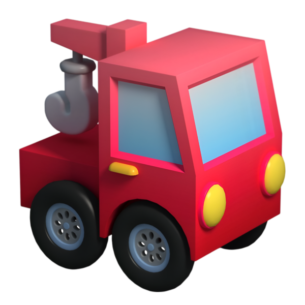 Yandan görülen 3 boyutlu kırmızı oyuncak çekici, belirgin bir kanca ve büyük tekerlekler, çocuk araç temalı oyun ve öğrenme aktiviteleri için ideal..