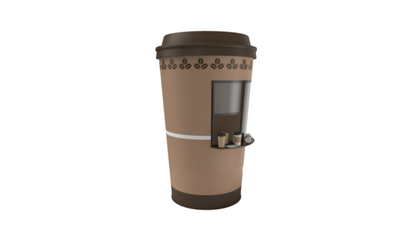 Pencereli büyük bir kahve fincanı ve içkileri gösteren küçük bir raf..