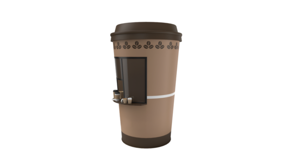 Benzersiz bir tasarımı olan stilize bir kahve fincanı, içecekler için küçük bir dağıtıcı içeriyor..