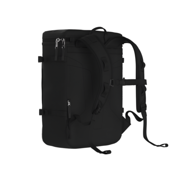 Seyahat ve günlük kullanım için tasarlanmış, birden fazla bölmesi ve ayarlanabilir kayışları olan parlak siyah bir sırt çantası..