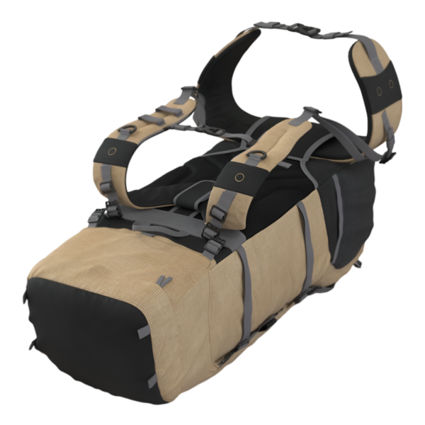 Alet ya da hayvan taşımak için tasarlanmış bir koşum takımı, ayarlanabilir kayışlar ve dayanıklı bir dış.