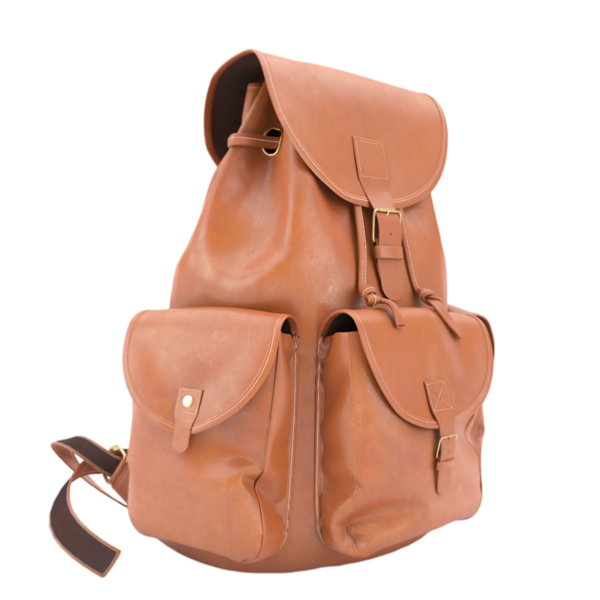 Birden fazla cebi olan şık kahverengi bir sırt çantası, seyahat veya günlük kullanım için ideal..