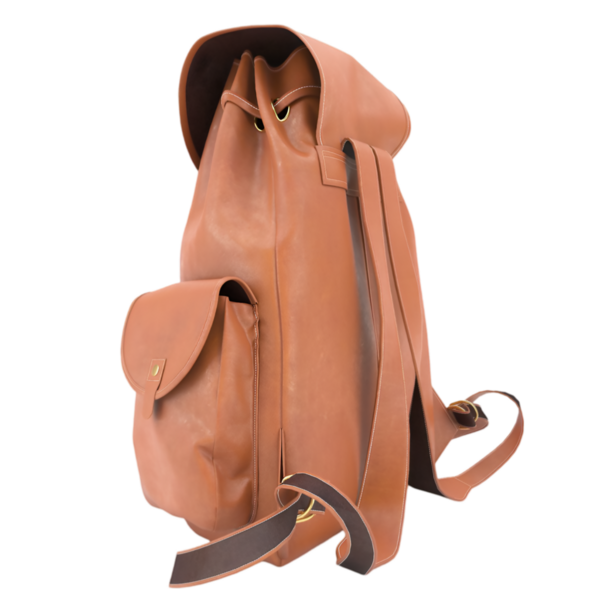 Yan cebi olan şık kahverengi deri bir sırt çantası. Kişisel eşyalar ve günlük ihtiyaçlar için ideal..
