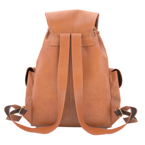 İki ayarlanabilir kayışlı şık kahverengi deri bir sırt çantası, günlük kullanım ve seyahat için tasarlanmış..