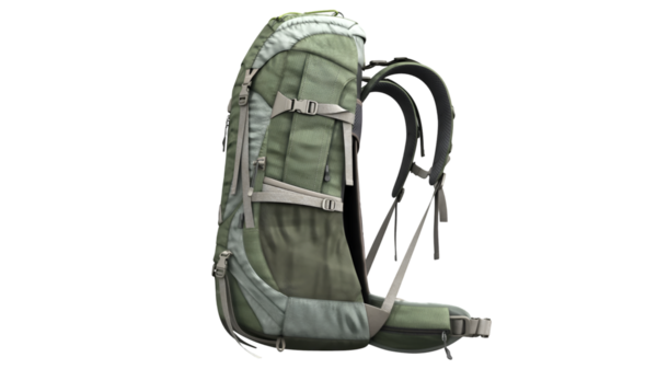 Bu yeşil yürüyüş sırt çantası, onun ergonomik tasarımını ve ayarlanabilir kayışlarını vurgulayan yan profilden gösterilir. Açık hava maceraları ve uzun yürüyüşler için ideal..