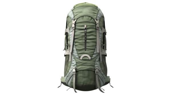 Yeşil bir sırt çantasının ön görüntüsü geniş bölmelerini ve sağlam yapısını gösteriyor. Açık hava aktiviteleri ve maceralar için tasarlandı..