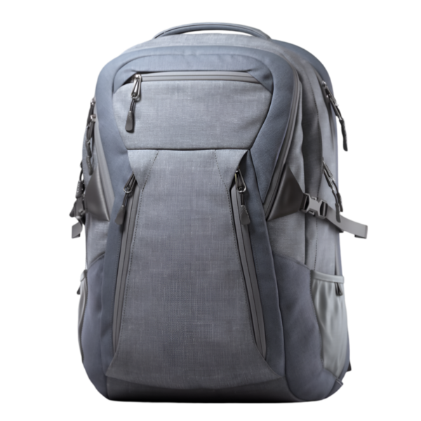 Seyahat ve günlük kullanım için tasarlanmış, birden fazla bölmesi ve parlak bir tasarımı olan modern gri bir sırt çantası..