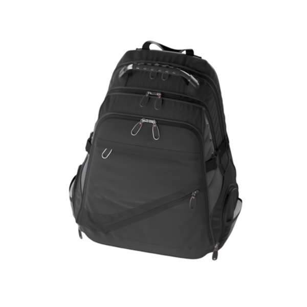 Depolama ve taşınabilirlik için tasarlanmış parlak siyah bir sırt çantası..