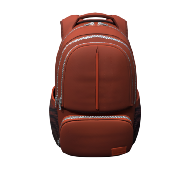 Birçok bölmesi olan modern turuncu bir sırt çantası, okul ve seyahat için ideal..