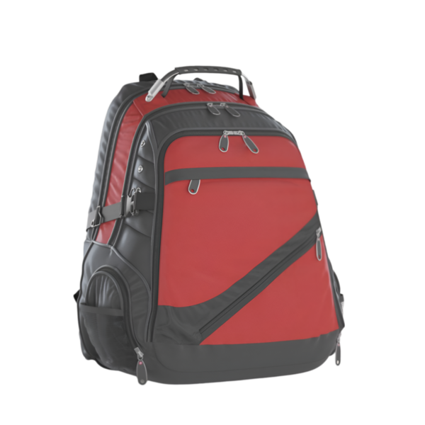 Seyahat ve günlük kullanım için tasarlanmış kırmızı ve siyah bir sırt çantası. Birden fazla bölmesi ve sağlam bir sapı var..