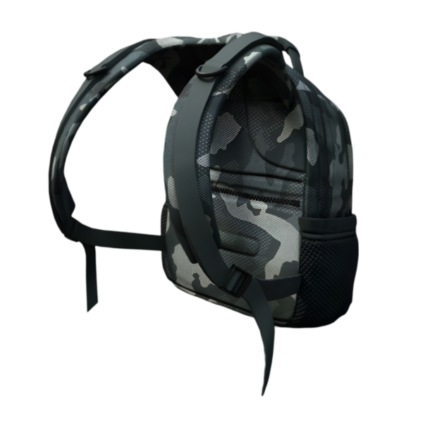 Kişisel eşyaları taşımak için tasarlanmış kamuflaj desenli bir sırt çantası..