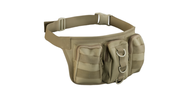 Teçhizat ve gerekli şeyleri taşımak için tasarlanmış, birden fazla cebi ve emniyet kemeri olan taktiksel bir bel çantası..