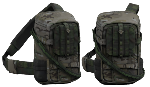 Kamuflaj desenli ve çoklu kompartımanlı açık hava aktiviteleri için tasarlanmış bir taktik sırt çantası..