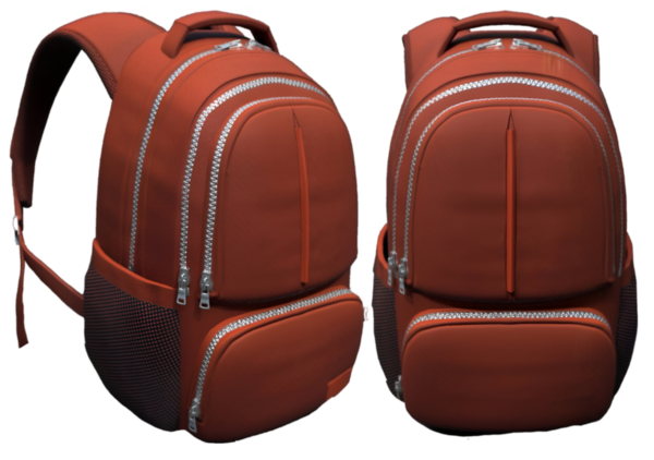 Organizasyon ve kolaylık için birden fazla fermuarlı kompartıman içeren modern kırmızı bir sırt çantası.