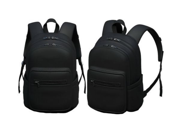 Günlük kullanım ve seyahat kolaylığı için tasarlanmış fermuarlı iki parlak siyah sırt çantası..